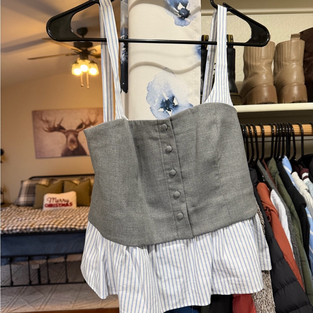 Zara Gray and White Striped Blouse